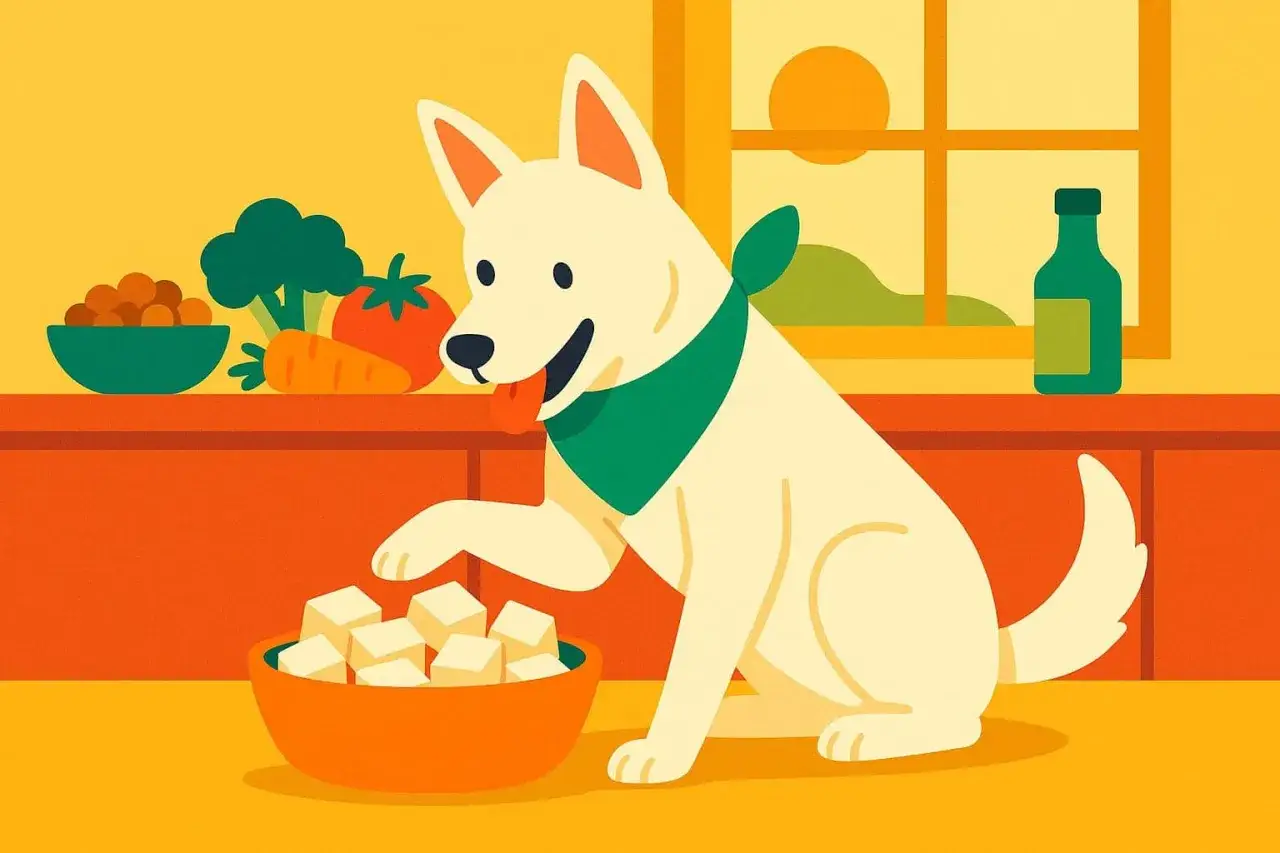 Un chien blanc avec un bandana vert savoure des cubes de yaourt de soja. Sur la table, des l&eacute;gumes et des croquettes.