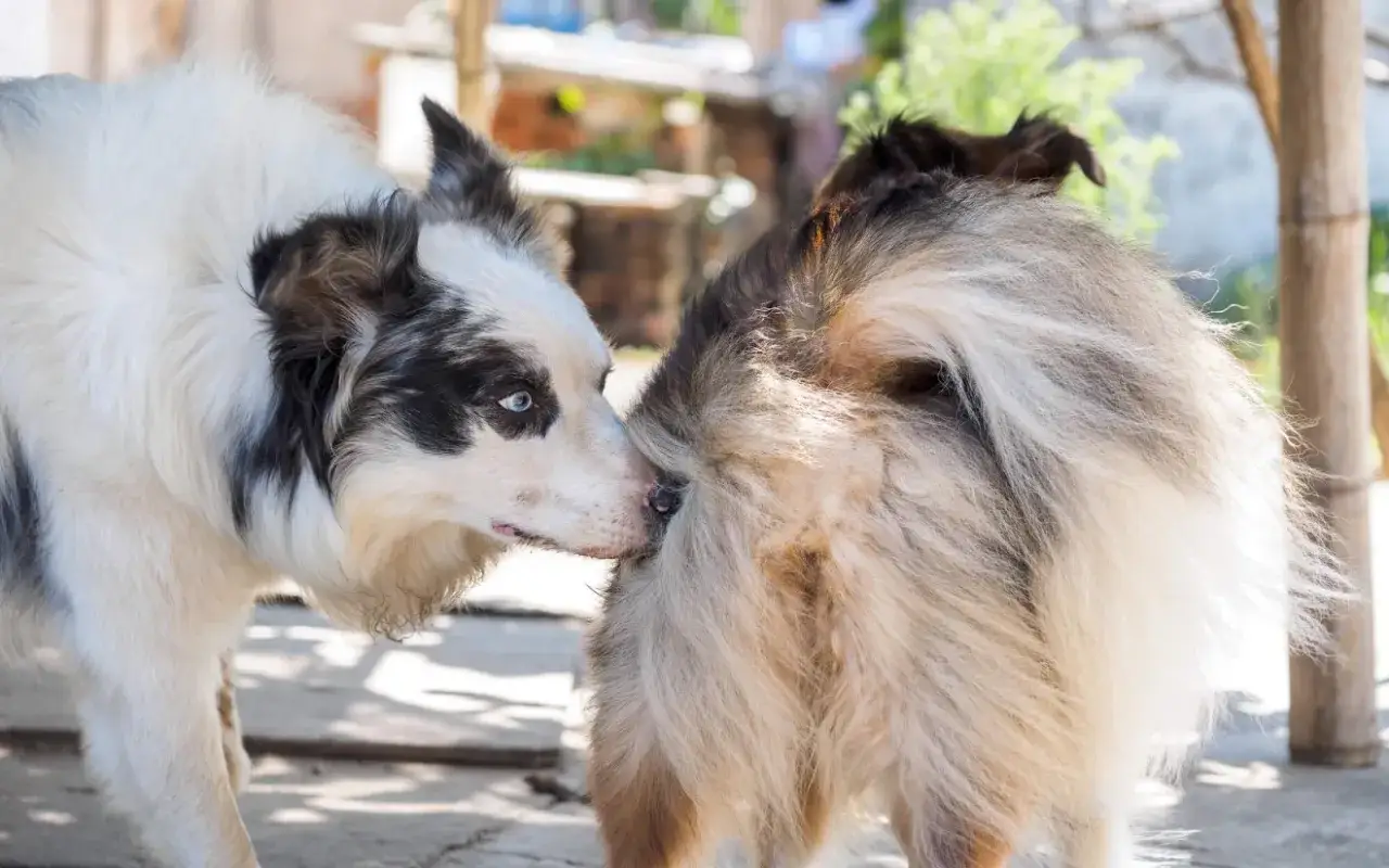 Deux chiens se reniflent, un moment de curiosit&eacute; canine sous la chaleur.
