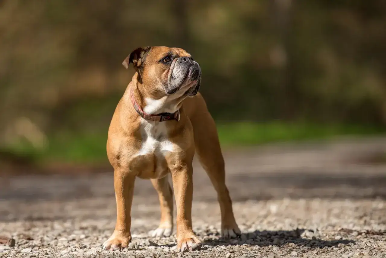 Un adorable bouledogue se tient fi&egrave;rement sur un chemin de gravier, son pelage fauve brillant sous le soleil. Ce chien, un vrai bulle dog, semble observer quelque chose au loin.