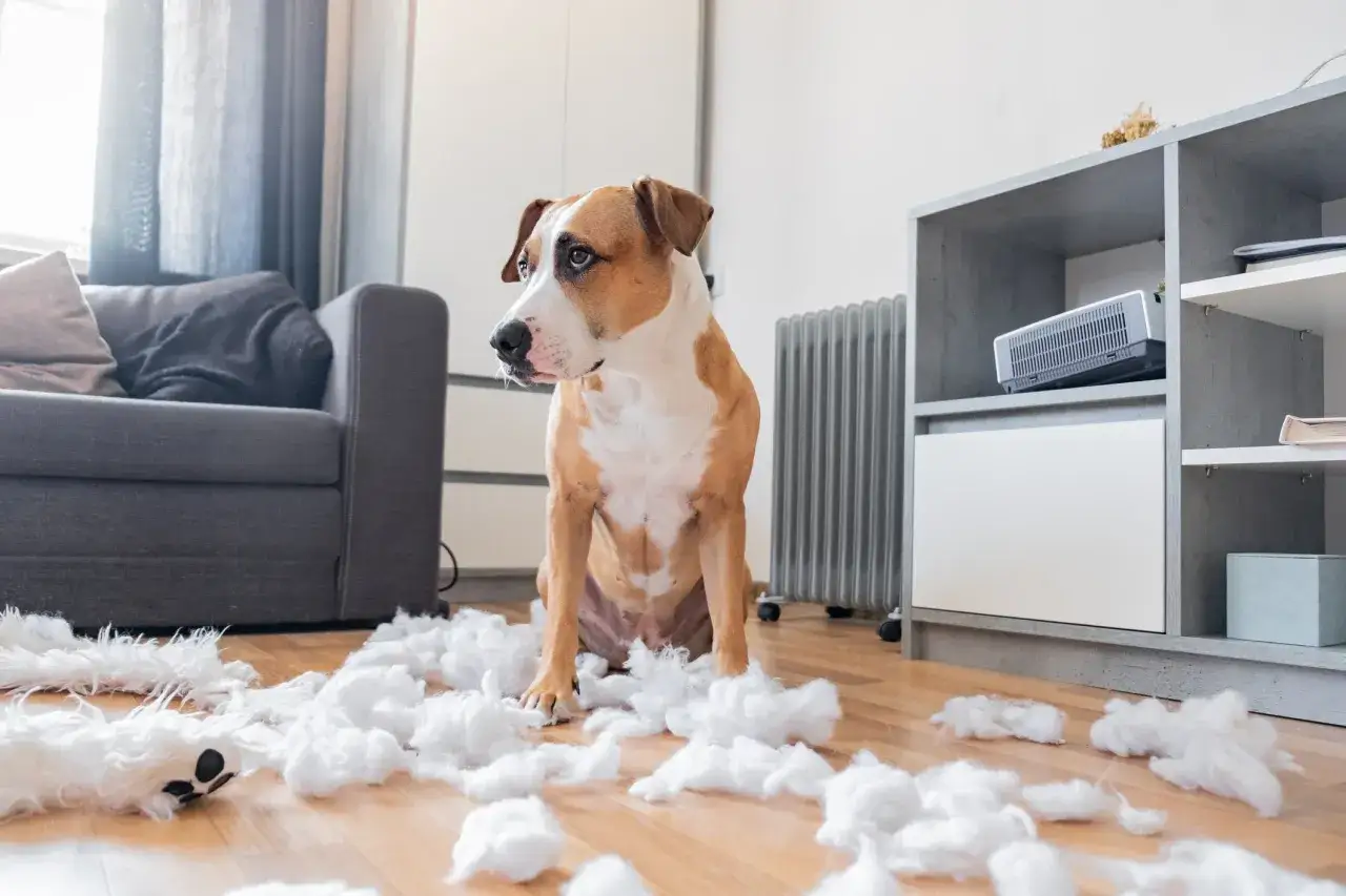 Un chien destructeur que faire ? Ce pitbull est assis au milieu d'un jouet d&eacute;chir&eacute;, entour&eacute; de rembourrage blanc.