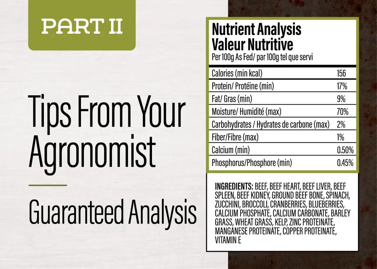 Analyse nutritive d'un aliment pour animaux, indiquant 17% de prot&eacute;ine brute, avec des conseils d'agronome.