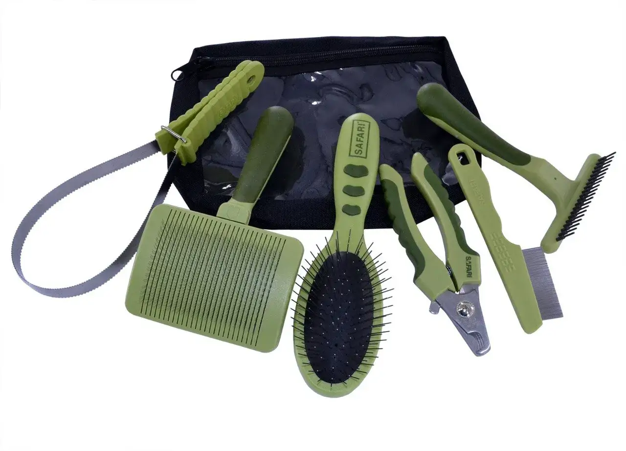 Kit de toilettage pour chien : brosse, peigne, coupe-ongles, d&eacute;m&ecirc;loir et plus encore. Indispensables pour le top 20 des accessoires pour chien.