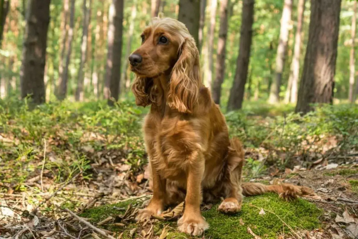 Un chien longue oreille, un cocker roux, est assis dans une for&ecirc;t verdoyante, observant attentivement.
