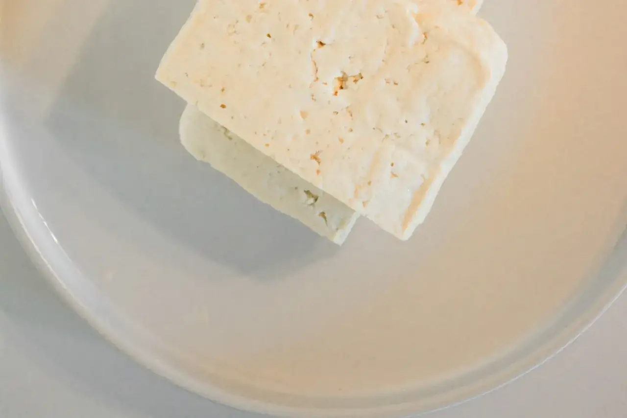 Deux blocs de tofu blanc, comme un chien qui attend sa feta, sur une assiette grise.