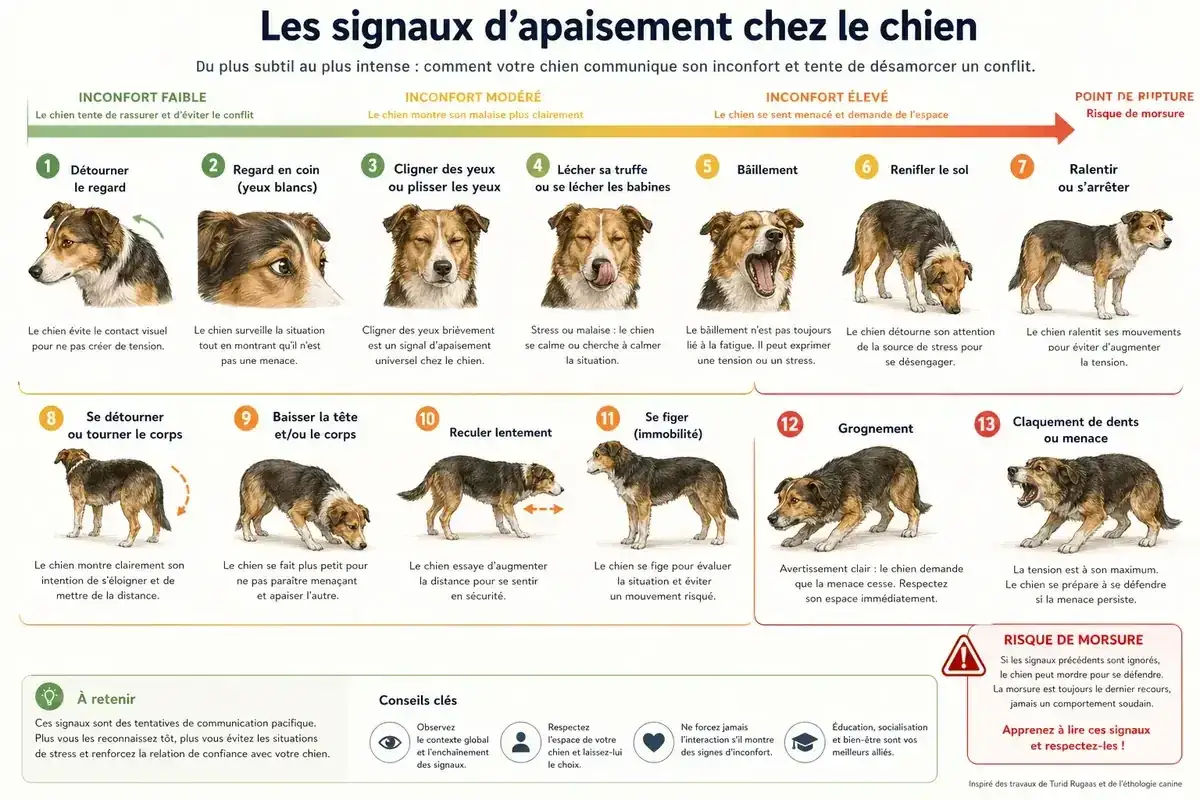 Infographie sur les signaux d'apaisement du chien. Est-ce que les chiens pensent ? Oui, ils communiquent leur inconfort.