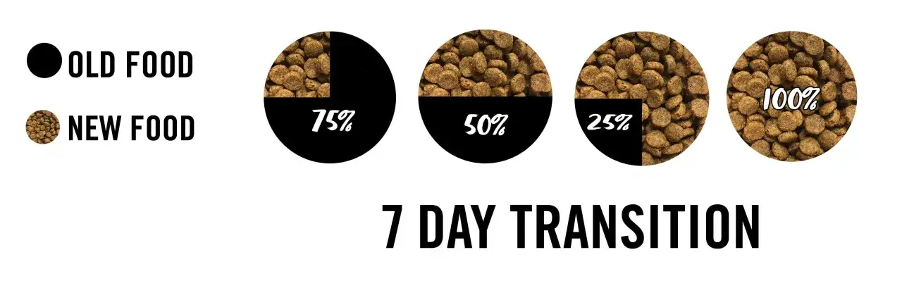 Graphique montrant la transition alimentaire sur 7 jours pour le sevrage chiot : 75% ancienne nourriture, 50%, 25%, puis 100% nouvelle nourriture.