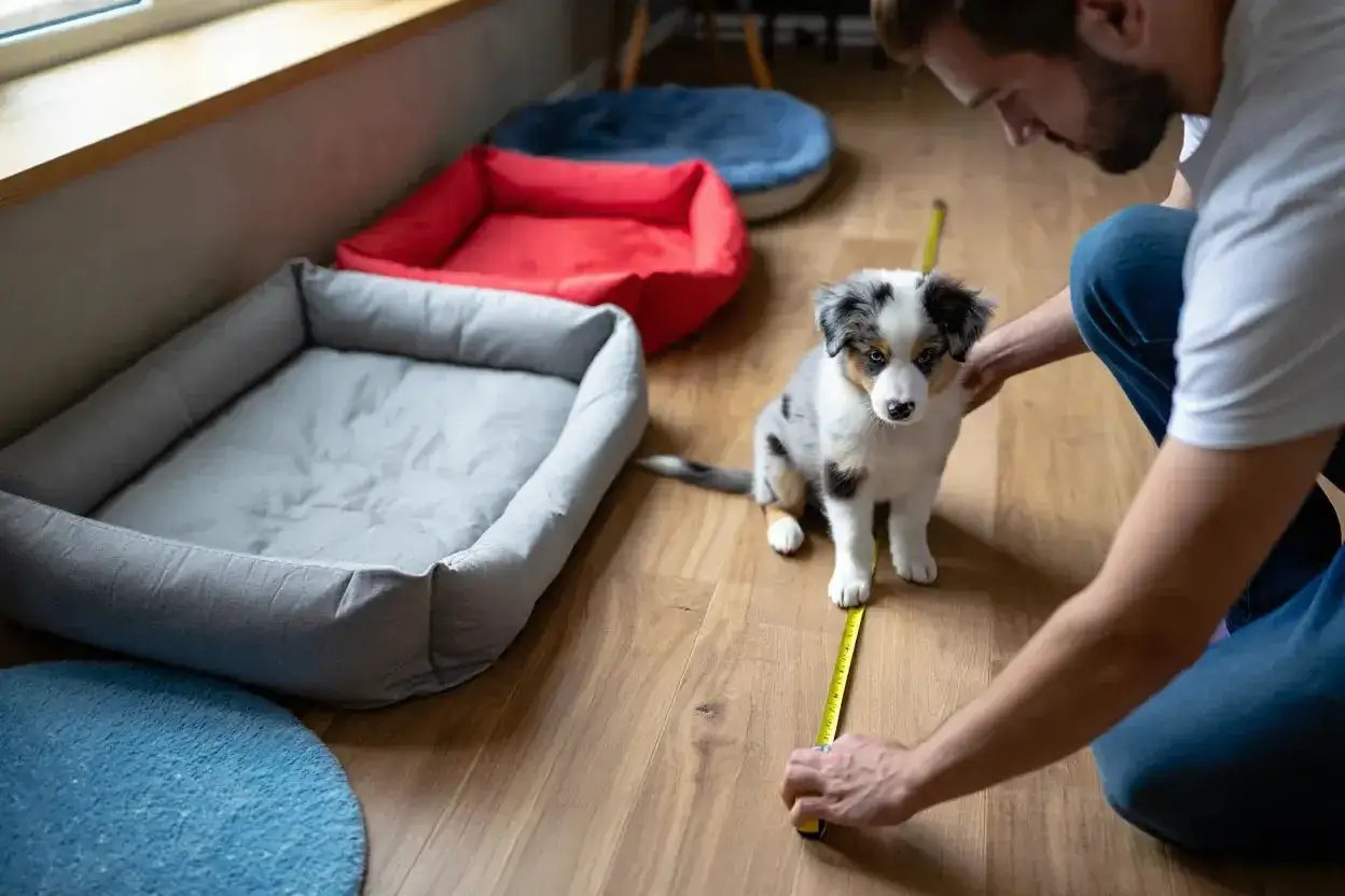 Un homme mesure la distance entre un chiot et son panier. On se demande &agrave; quel &acirc;ge un chiot est propre la nuit.