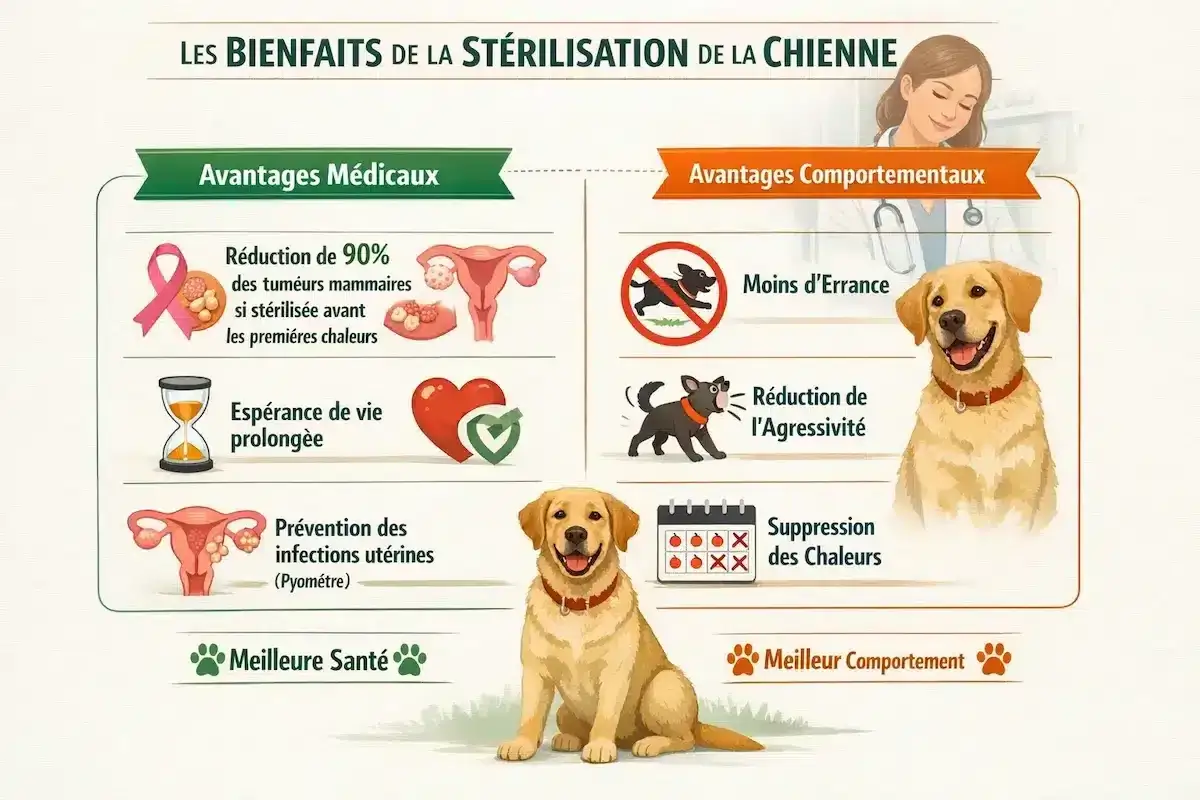 Illustration des avantages de la st&eacute;rilisation chez la chienne : meilleure sant&eacute;, moins d'errance et de l'agressivit&eacute;. Une reproduction chien plus sereine.