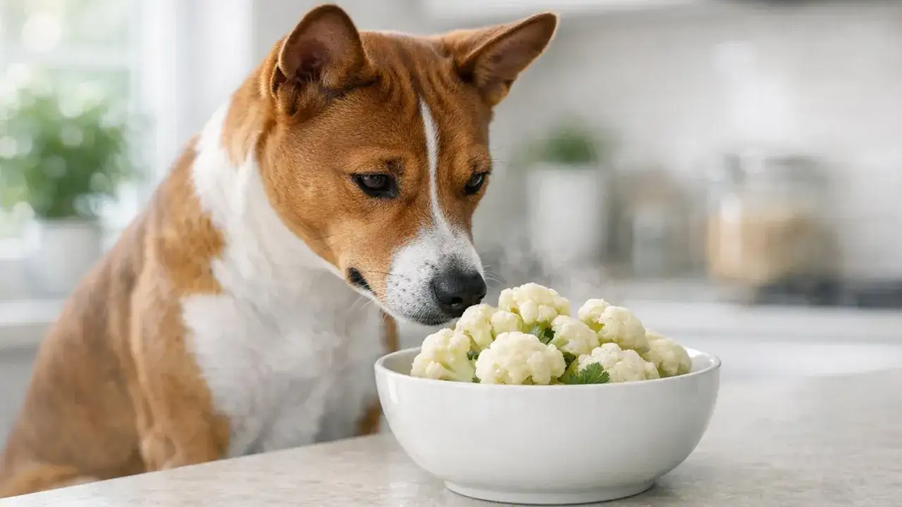 Un chien curieux renifle un bol de choux-fleurs fumants.