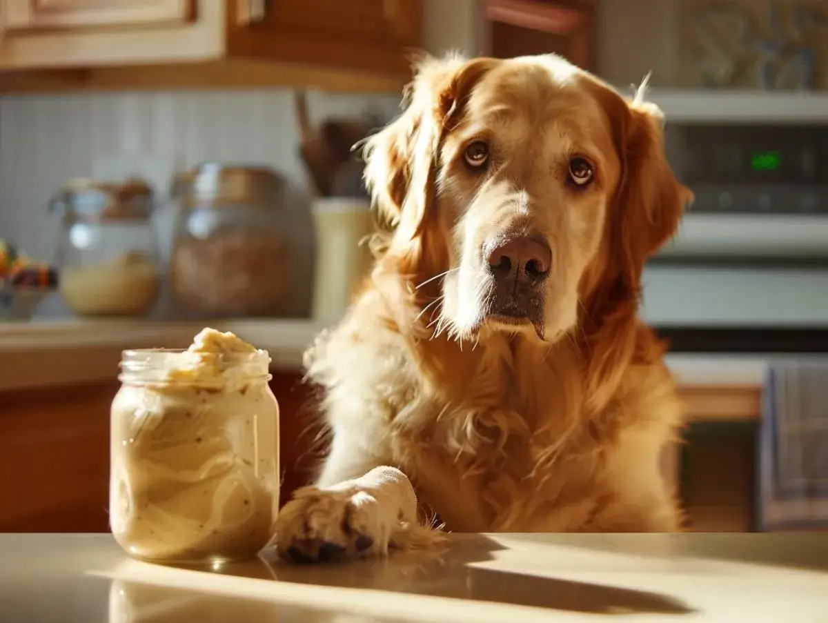 Un chien golden retriever regarde une conserve de moutarde. Il semble attendre une friandise.