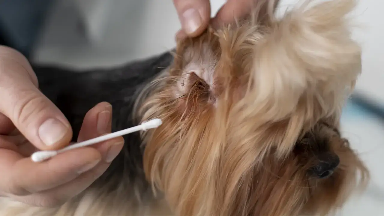 Main d'une personne utilisant un coton-tige pour retirer une tique de l'oreille d'un chien Yorkshire.