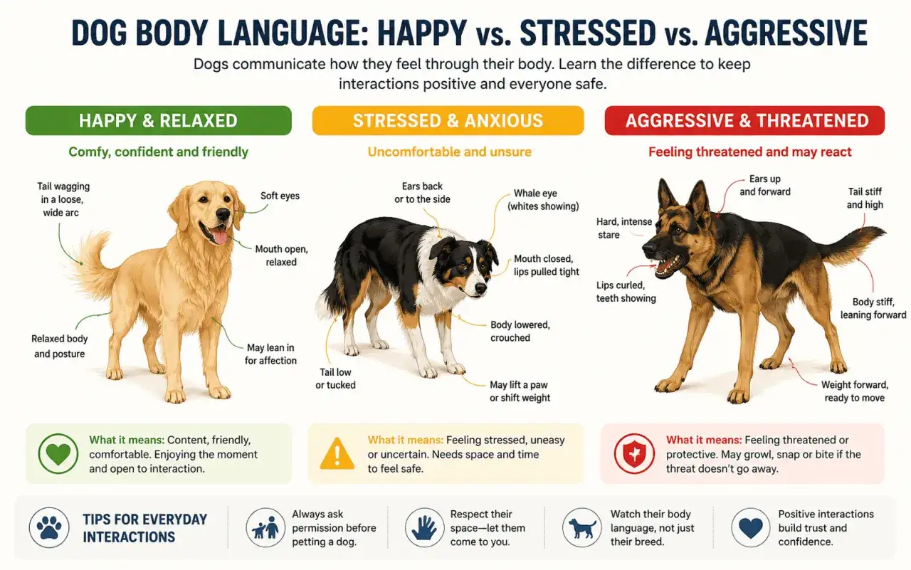 Un chien stress&eacute; montre des signes comme des oreilles en arri&egrave;re, un corps affaiss&eacute; et une queue basse. Il se sent mal &agrave; l'aise et incertain.