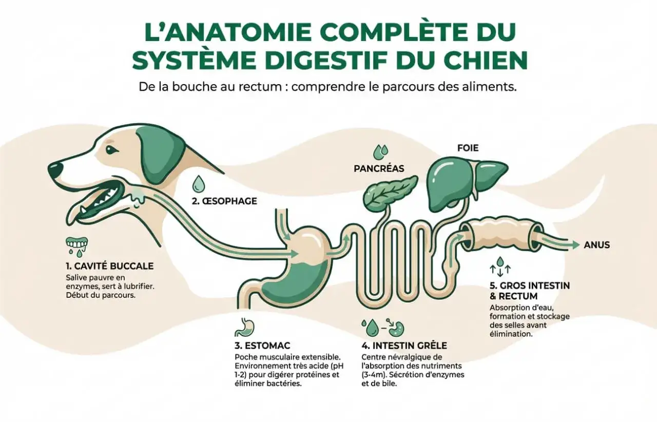 Sch&eacute;ma du syst&egrave;me digestif du chien, de la bouche &agrave; l'anus, expliquant le parcours des aliments et la digestion.