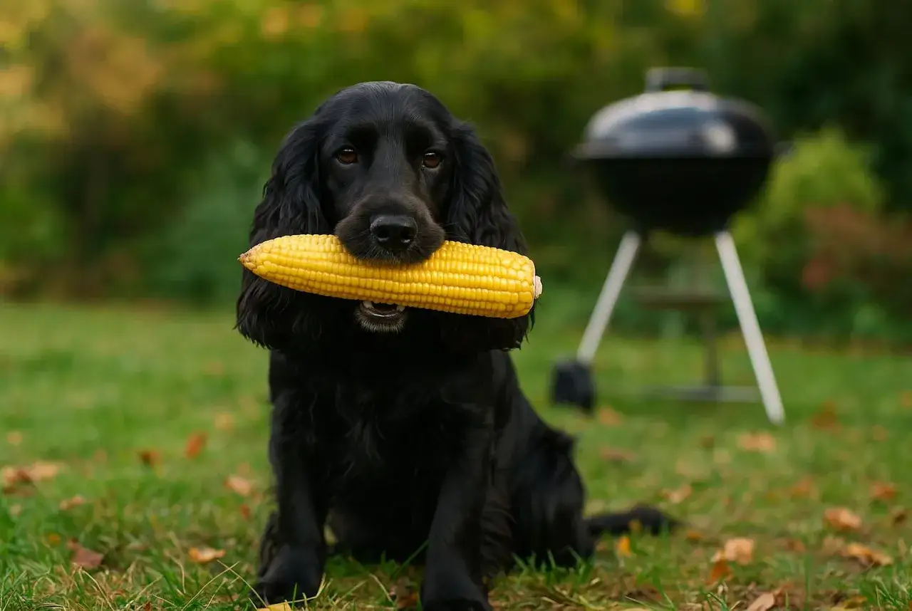 Un chien noir tient une &eacute;pi de ma&iuml;s dans sa gueule, pr&ecirc;t pour un barbecue.
