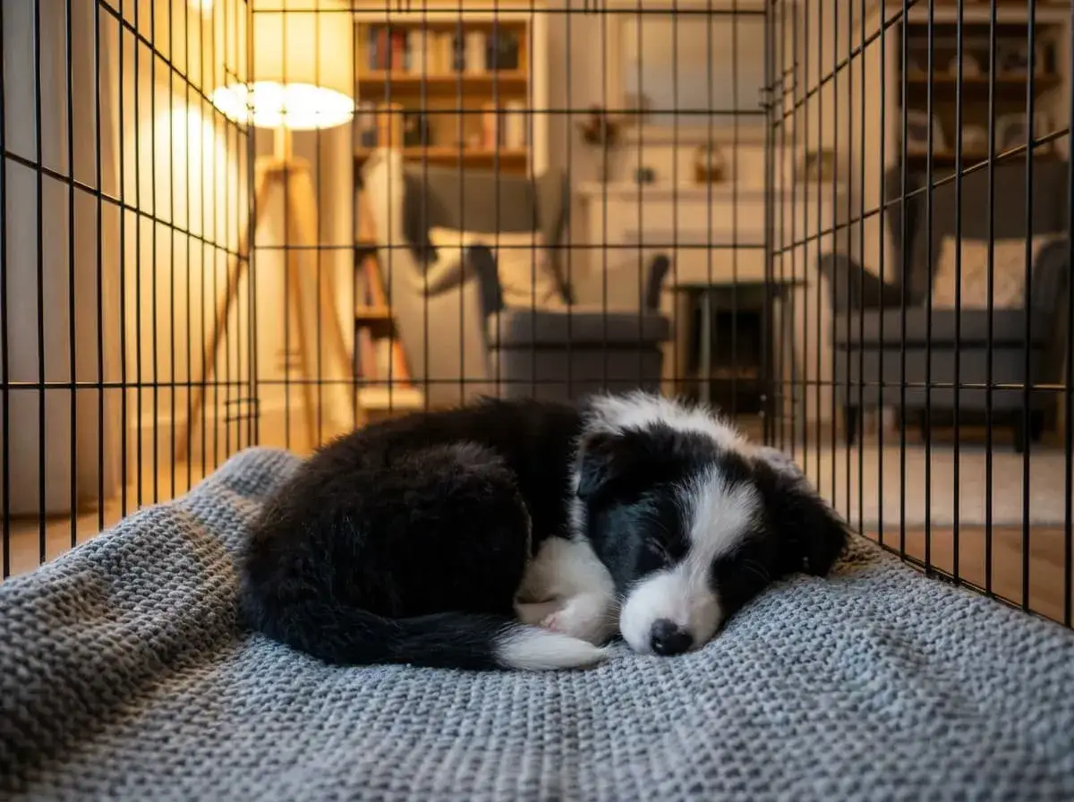 Un adorable chiot de 2 mois, tout noir et blanc, dort paisiblement dans sa cage. Le temps sommeil chiot 2 mois est essentiel pour sa croissance.
