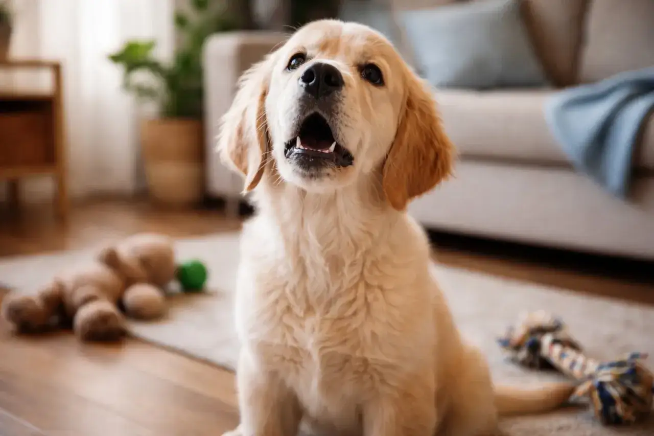 Un adorable chiot golden retriever, avec sa gueule ouverte, semble faire un petit bruit de chiot. Des jouets sont &eacute;parpill&eacute;s autour de lui.