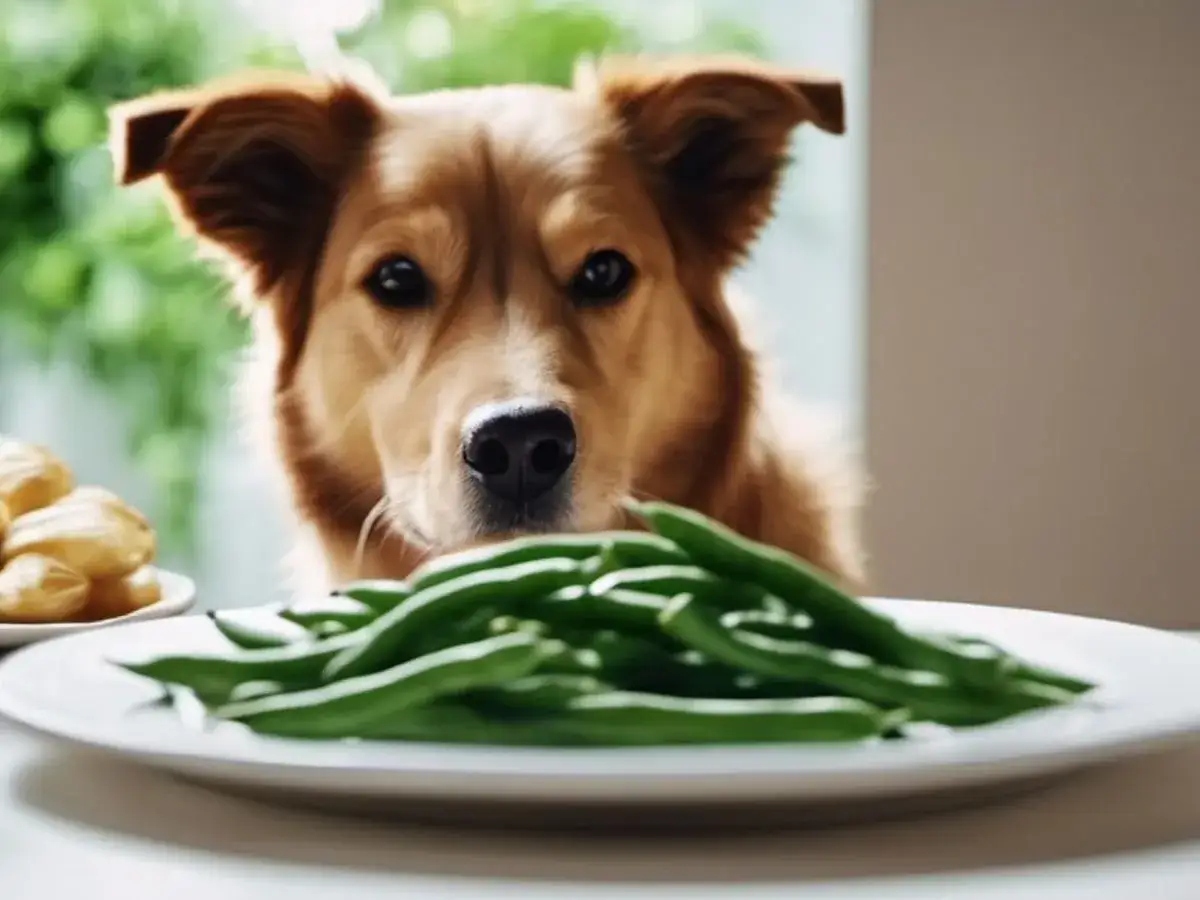 Un chien brun regarde une assiette de haricots verts, esp&eacute;rant peut-&ecirc;tre une bouch&eacute;e.