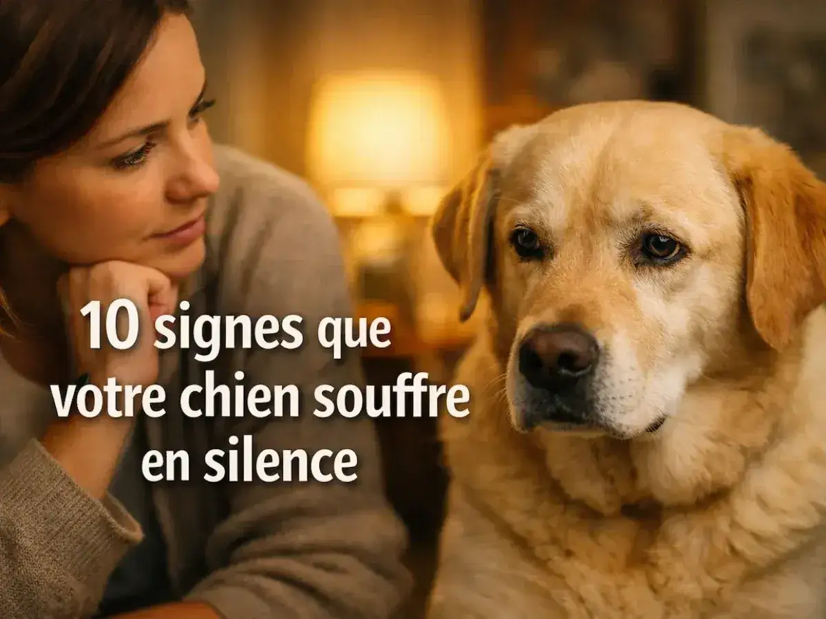 Une femme regarde son chien, un labrador dor&eacute;, qui semble triste. Le texte indique 