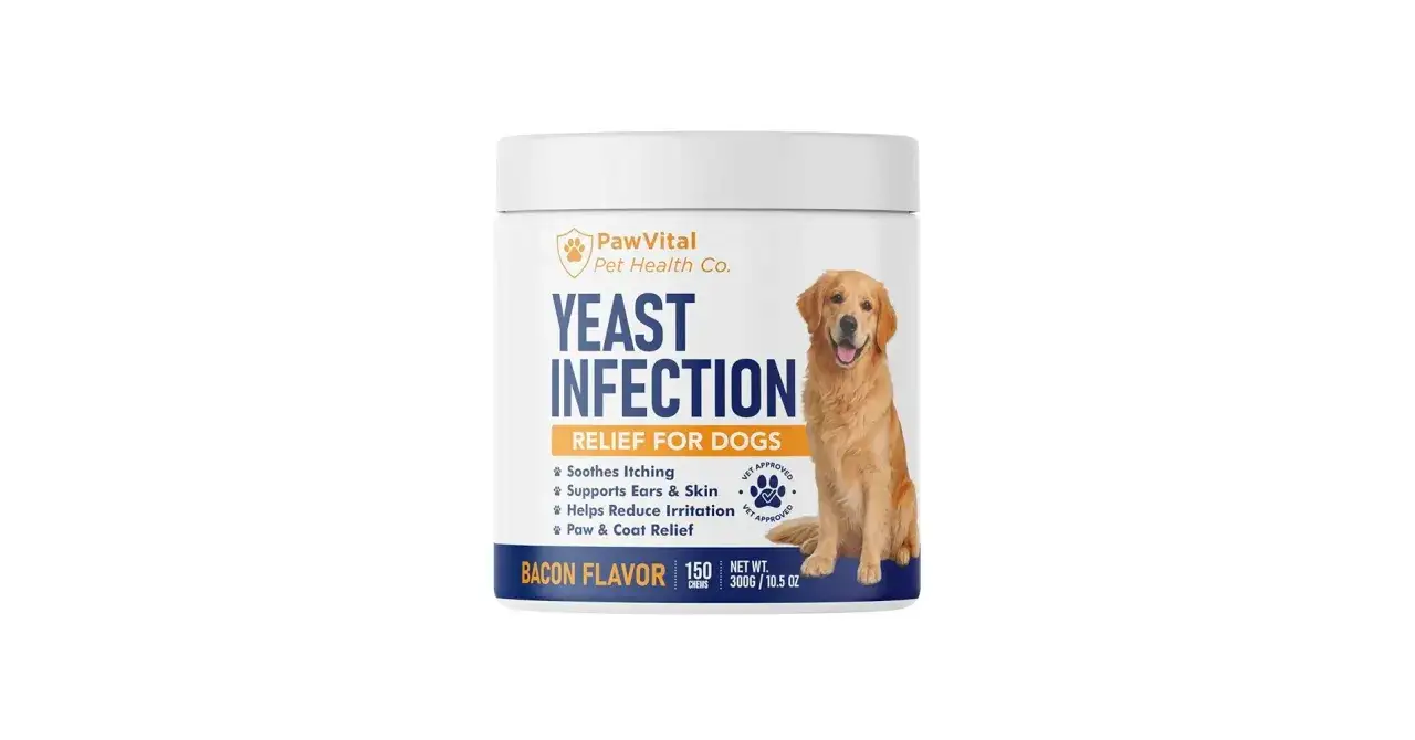Pot de friandises PawVital pour soulager les infections &agrave; levures (malassezia chien), avec un golden retriever souriant. Saveur bacon.