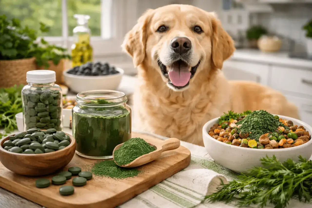 Un golden retriever heureux regarde des bols de spiruline et de croquettes. La spiruline pour chien, sous forme de poudre et de comprim&eacute;s, est pr&eacute;sent&eacute;e &agrave; c&ocirc;t&eacute; de son repas.