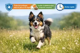 Un berger australien joyeux court dans un champ fleuri, protégé par Bravecto.
