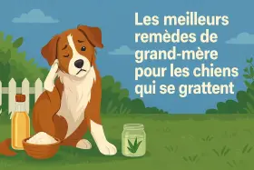 Un chien se gratte l'oreille, l'air contrarié. À côté, une bouteille d'huile, un bol de poudre et un bocal avec des herbes. Les meilleurs remèdes de grand-mère pour les chiens qui se grattent.