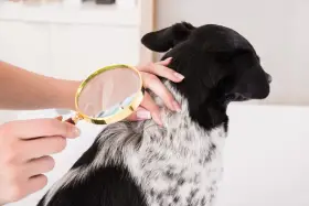 Une main examine le pelage d'un chien avec une loupe, cherchant des poux.