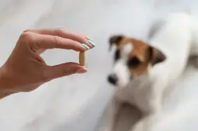 Une main tient une pilule, peut-être du meloxicam pour chien, devant un Jack Russell terrier flou.