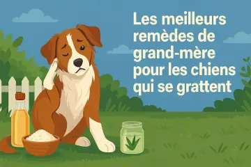Un chien se gratte l'oreille, l'air contrarié. À côté, une bouteille d'huile, un bol de poudre et un bocal avec des herbes. Les meilleurs remèdes de grand-mère pour les chiens qui se grattent.