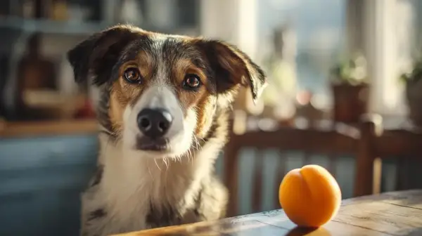 Un chien regarde un abricot sur une table en bois, attendant peut-être une friandise.