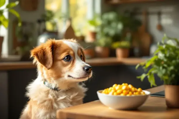 Un adorable chiot aux poils roux et blancs regarde avec envie un bol de maïs. Ce cher mais chien attend patiemment sa friandise.