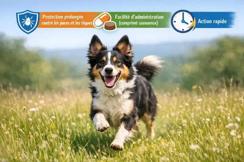 Un berger australien joyeux court dans un champ fleuri, protégé par Bravecto.